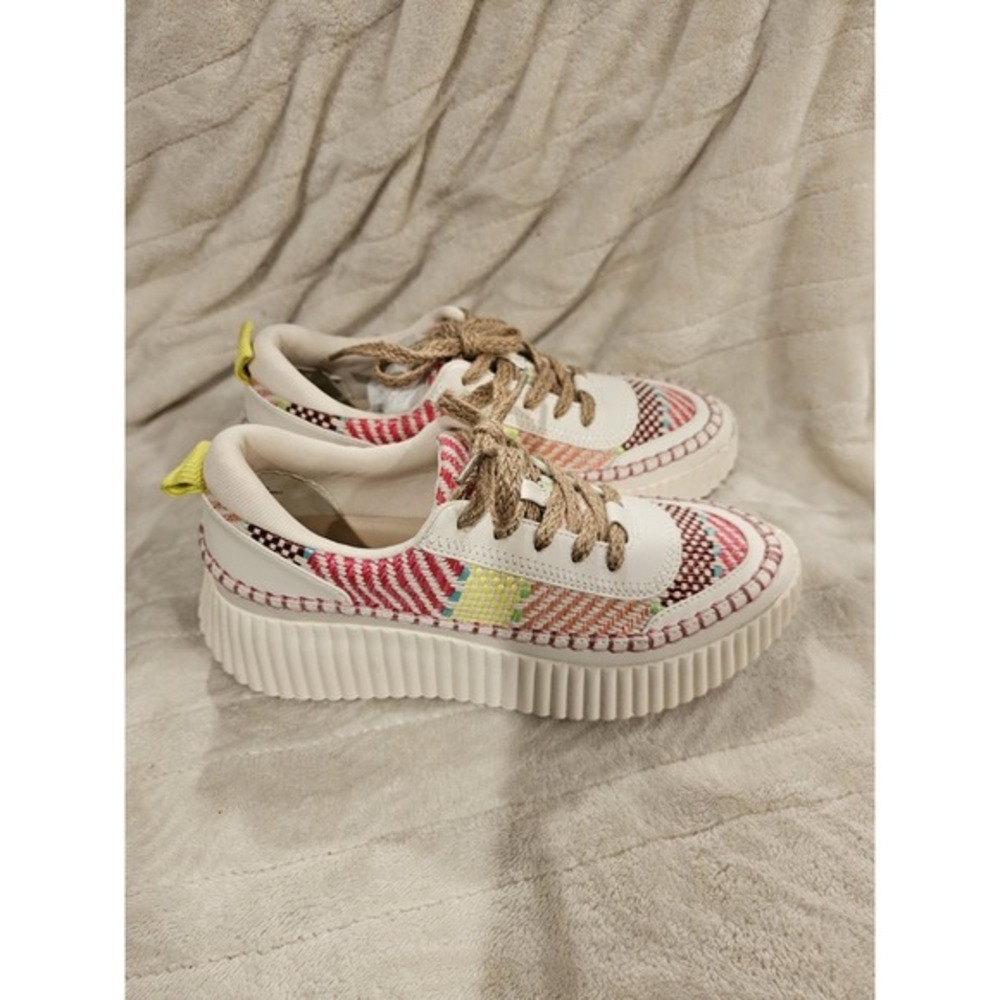 Dolce Vita Cream Multicolor Woven Platform Sneakers with Yellow Tab - Picture 5 of 11